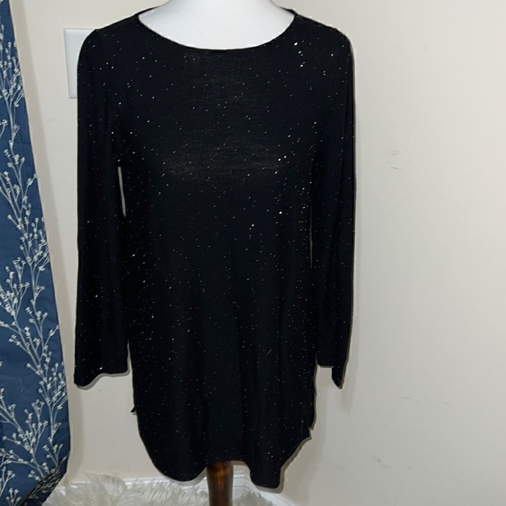 Eileen Fisher Black Tunic Top Silver Metallic Glitter 3/4 Sleeves Merino Wool S